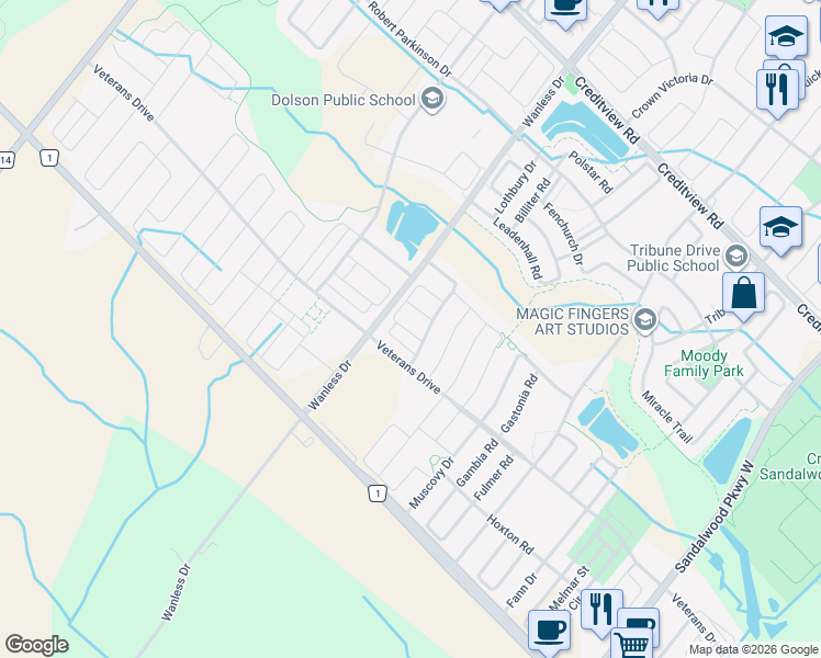 map of restaurants, bars, coffee shops, grocery stores, and more near in Brampton