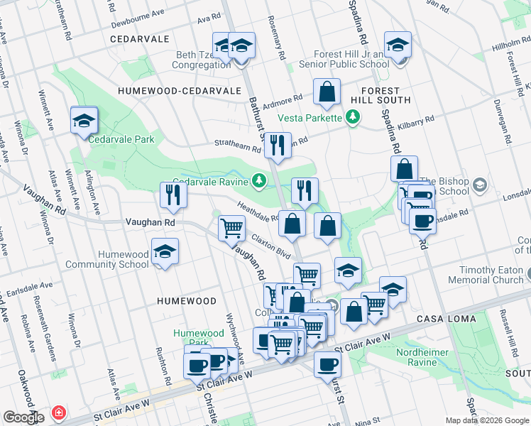 map of restaurants, bars, coffee shops, grocery stores, and more near 14 Heathdale Road in Toronto