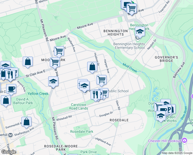map of restaurants, bars, coffee shops, grocery stores, and more near 31 Errington Avenue in Toronto