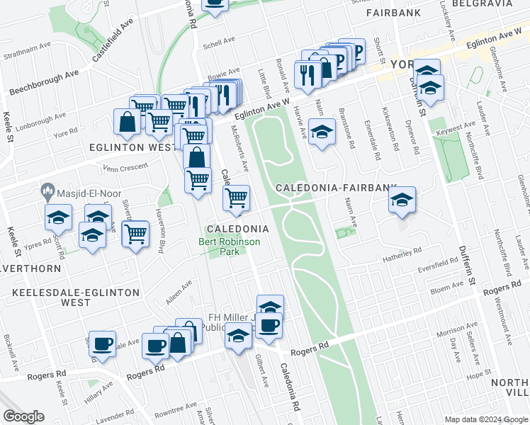 map of restaurants, bars, coffee shops, grocery stores, and more near 533 McRoberts Avenue in Toronto