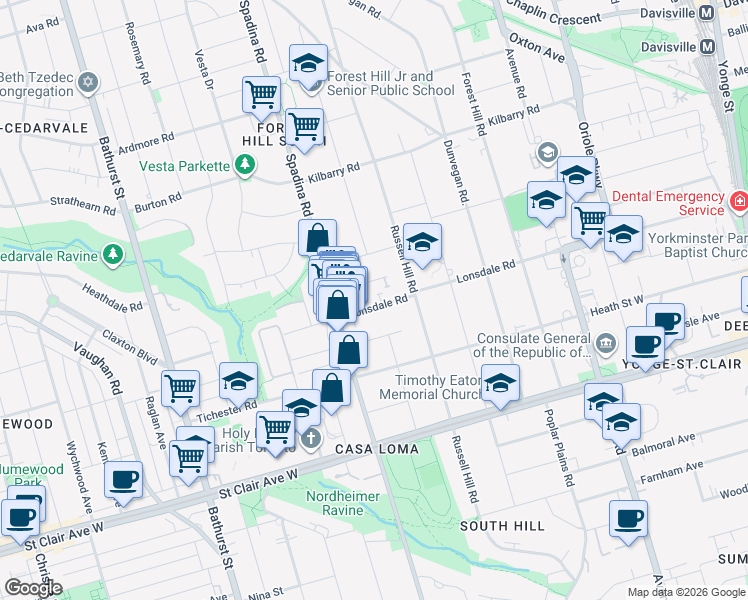 map of restaurants, bars, coffee shops, grocery stores, and more near in Toronto