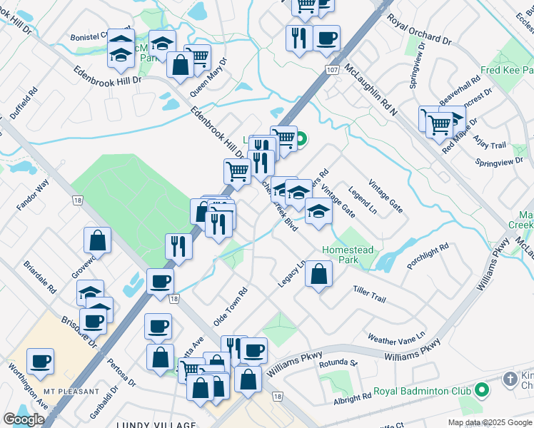 map of restaurants, bars, coffee shops, grocery stores, and more near 54 Gold Hill Road in Brampton