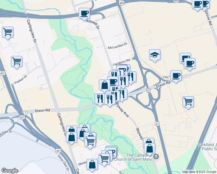 map of restaurants, bars, coffee shops, grocery stores, and more near in Toronto