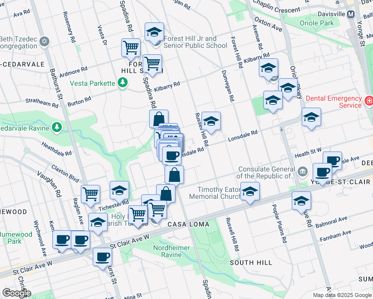 map of restaurants, bars, coffee shops, grocery stores, and more near 314 Lonsdale Road in Toronto