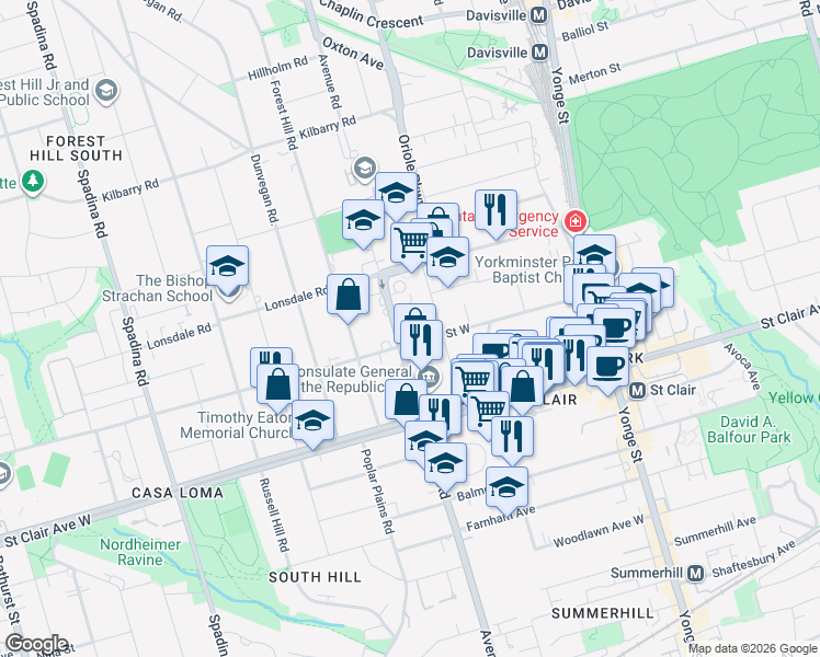 map of restaurants, bars, coffee shops, grocery stores, and more near 585 Avenue Road in Toronto