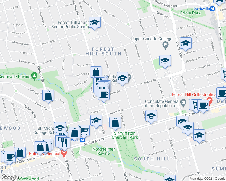 map of restaurants, bars, coffee shops, grocery stores, and more near 312 Lonsdale Road in Toronto