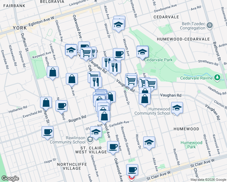 map of restaurants, bars, coffee shops, grocery stores, and more near 181 Cedric Avenue in Toronto