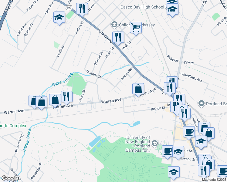 map of restaurants, bars, coffee shops, grocery stores, and more near 92 Avalon Road in Portland