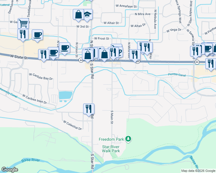 map of restaurants, bars, coffee shops, grocery stores, and more near 309 North Main Street in Star