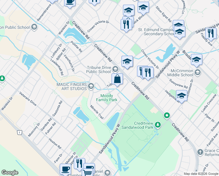 map of restaurants, bars, coffee shops, grocery stores, and more near 49 Robert Parkinson Drive in Brampton
