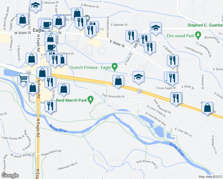 map of restaurants, bars, coffee shops, grocery stores, and more near 776 East Riverside Drive in Eagle