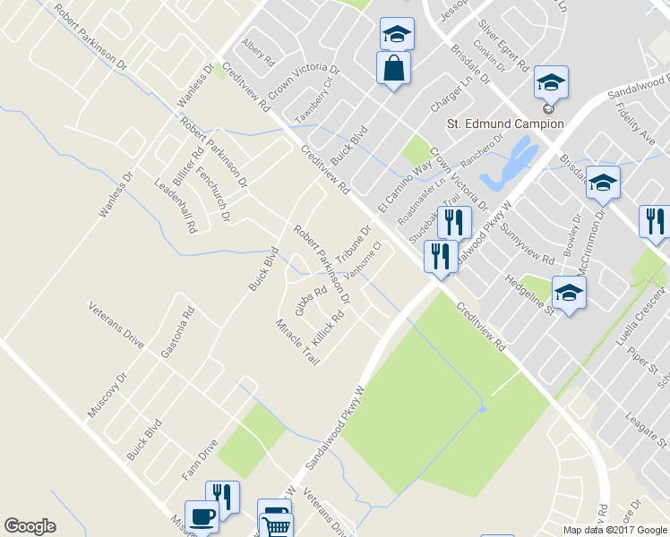 map of restaurants, bars, coffee shops, grocery stores, and more near 49 Robert Parkinson Drive in Brampton