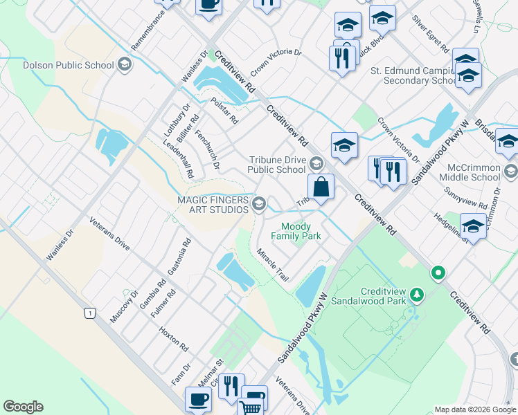 map of restaurants, bars, coffee shops, grocery stores, and more near 120 Miracle Trail in Brampton