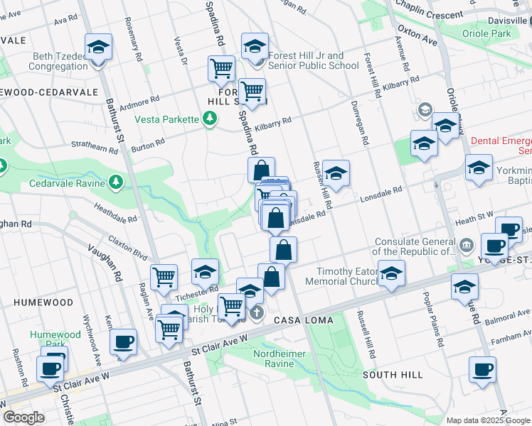 map of restaurants, bars, coffee shops, grocery stores, and more near 448 Spadina Road in Toronto