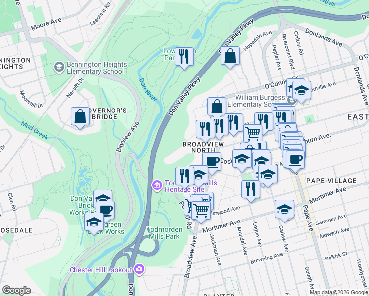 map of restaurants, bars, coffee shops, grocery stores, and more near 53 Don Valley Drive in Toronto