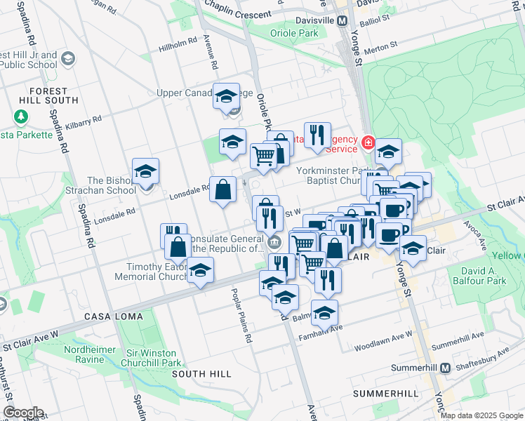 map of restaurants, bars, coffee shops, grocery stores, and more near 585 Avenue Road in Toronto