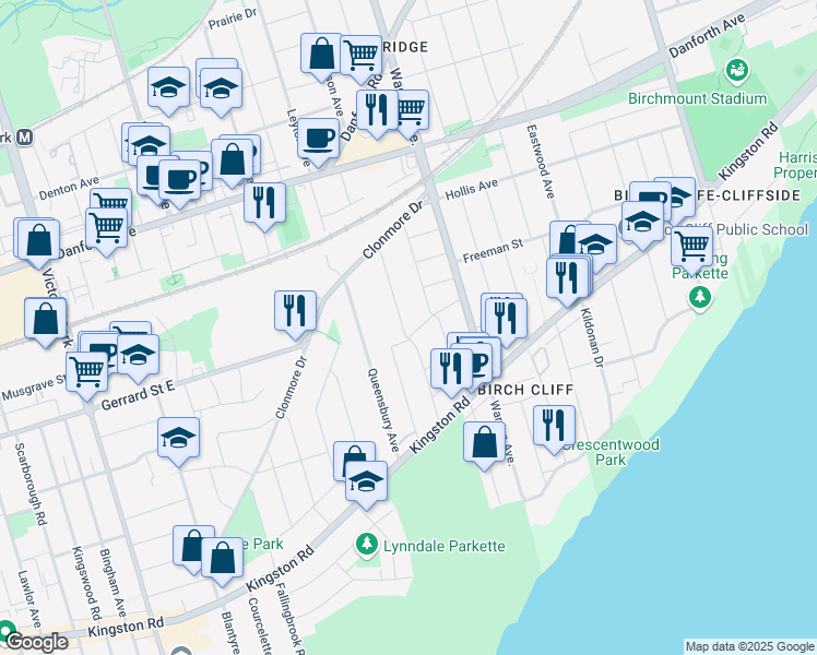 map of restaurants, bars, coffee shops, grocery stores, and more near 22 Dodge Road in Toronto