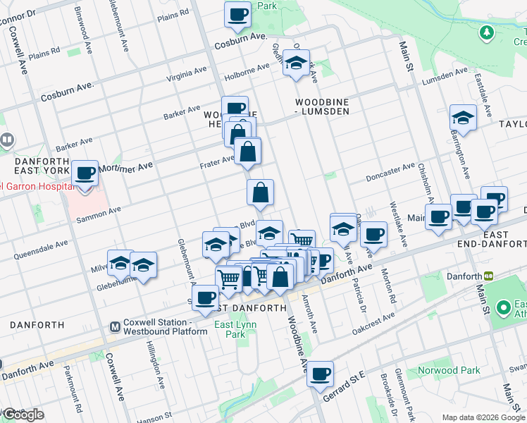 map of restaurants, bars, coffee shops, grocery stores, and more near 1095 Woodbine Avenue in Toronto