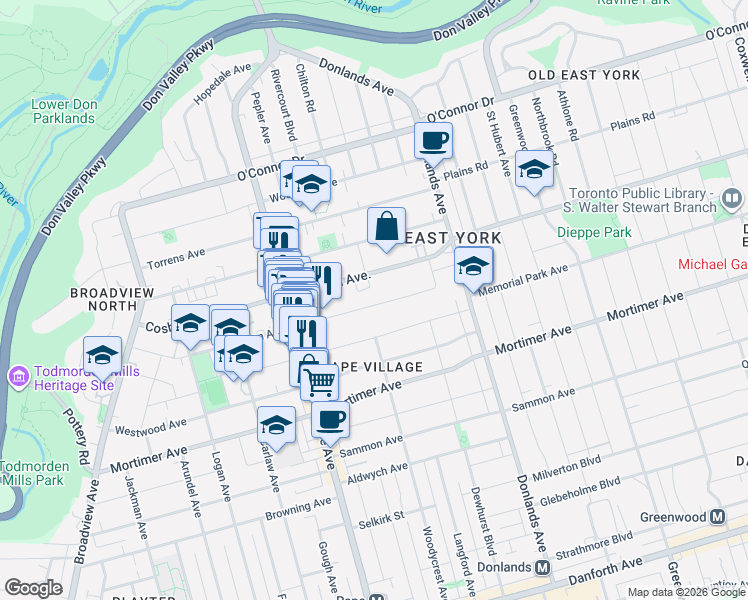 map of restaurants, bars, coffee shops, grocery stores, and more near 210 Gowan Avenue in Toronto
