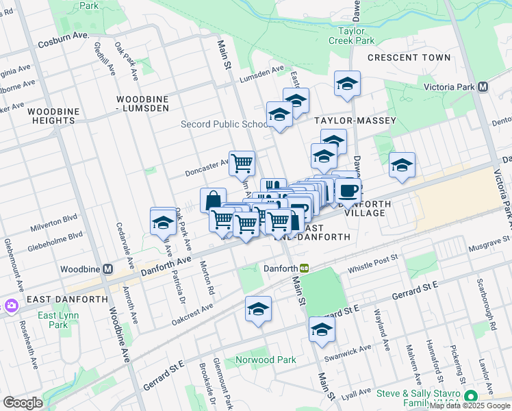 map of restaurants, bars, coffee shops, grocery stores, and more near 41 Chisholm Avenue in Toronto