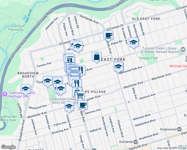 map of restaurants, bars, coffee shops, grocery stores, and more near 210 Gowan Avenue in Toronto