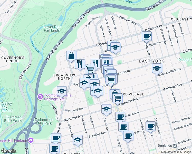 map of restaurants, bars, coffee shops, grocery stores, and more near 80 Cosburn Avenue in Toronto