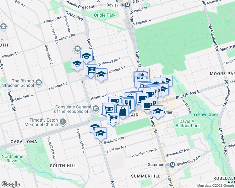 map of restaurants, bars, coffee shops, grocery stores, and more near 71 Heath Street West in Toronto