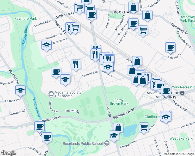 map of restaurants, bars, coffee shops, grocery stores, and more near 2 Goldwin Avenue in Toronto