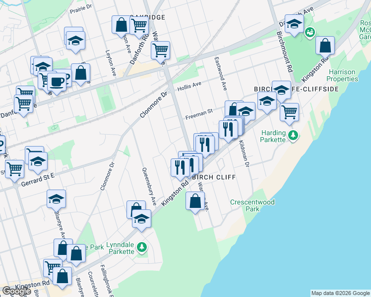 map of restaurants, bars, coffee shops, grocery stores, and more near 236 Warden Avenue in Toronto