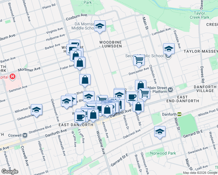 map of restaurants, bars, coffee shops, grocery stores, and more near in Toronto