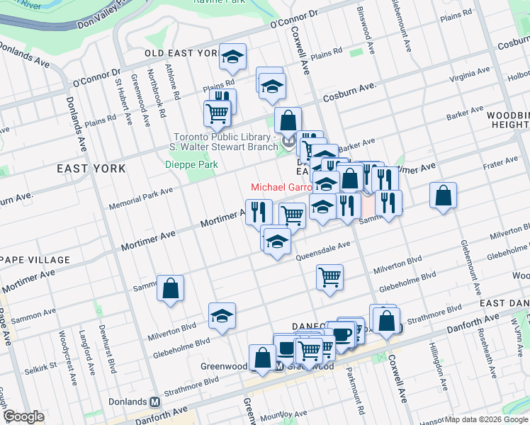map of restaurants, bars, coffee shops, grocery stores, and more near in Toronto