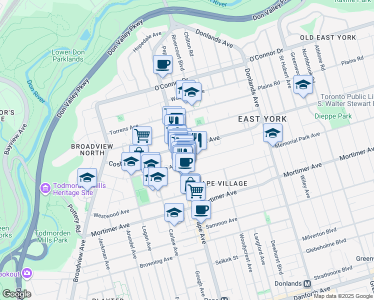 map of restaurants, bars, coffee shops, grocery stores, and more near in Toronto