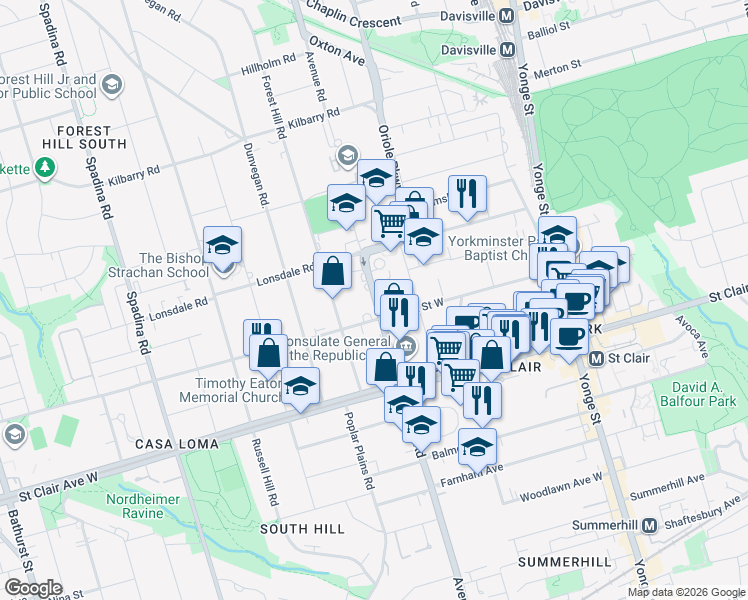 map of restaurants, bars, coffee shops, grocery stores, and more near 606 Avenue Road in Toronto