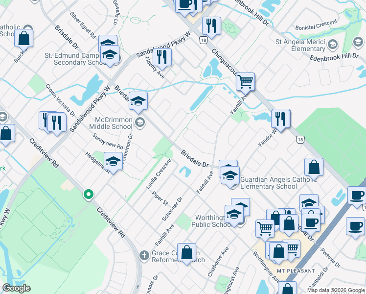 map of restaurants, bars, coffee shops, grocery stores, and more near 175 Brisdale Drive in Brampton
