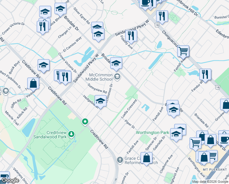 map of restaurants, bars, coffee shops, grocery stores, and more near 30 Notman Way in Brampton