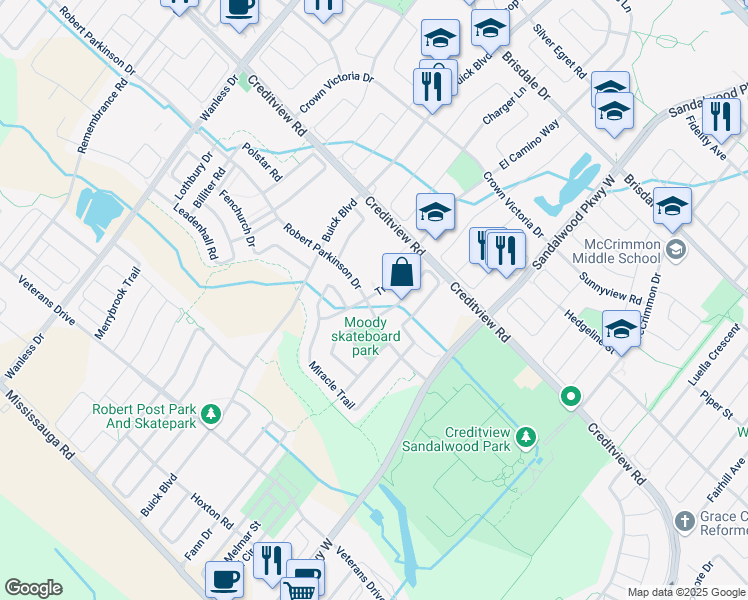 map of restaurants, bars, coffee shops, grocery stores, and more near 51 Robert Parkinson Drive in Brampton
