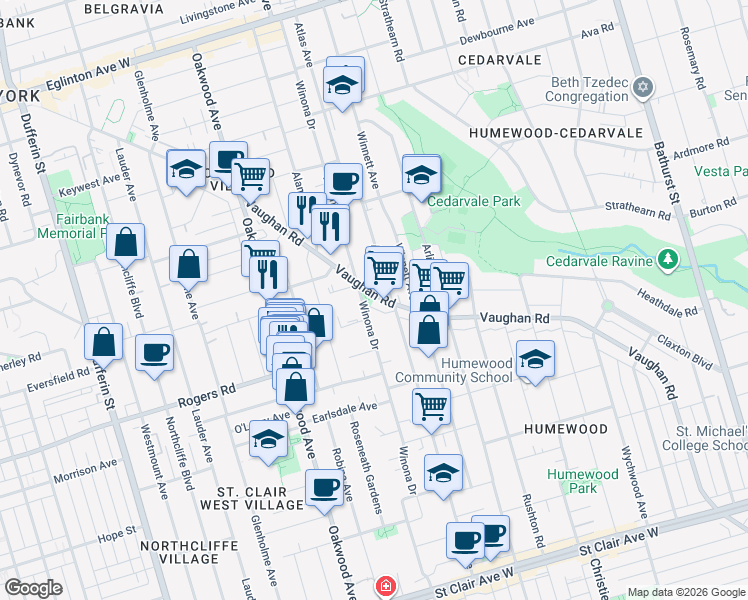 map of restaurants, bars, coffee shops, grocery stores, and more near 445 Winona Drive in Toronto