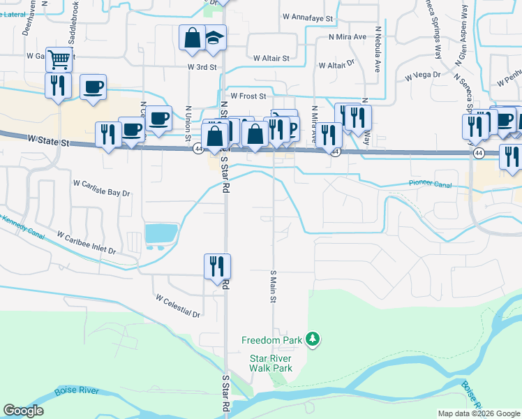 map of restaurants, bars, coffee shops, grocery stores, and more near 309 North Main Street in Star