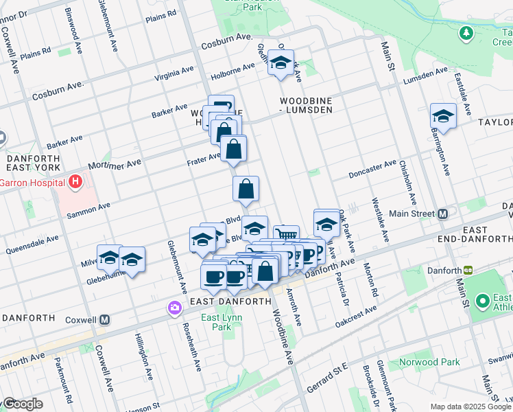 map of restaurants, bars, coffee shops, grocery stores, and more near 68 Coleridge Avenue in Toronto