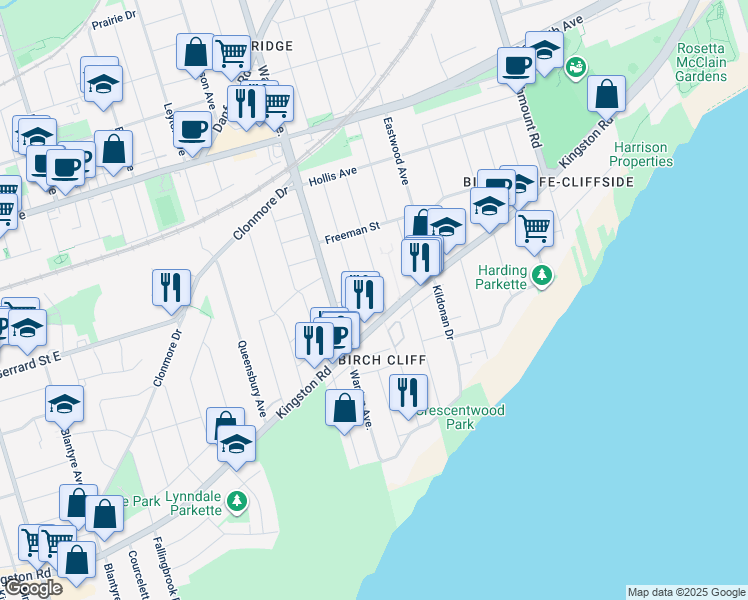 map of restaurants, bars, coffee shops, grocery stores, and more near in Toronto