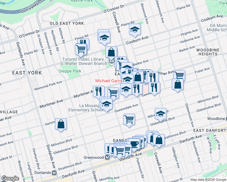 map of restaurants, bars, coffee shops, grocery stores, and more near 34 Roosevelt Road in Toronto