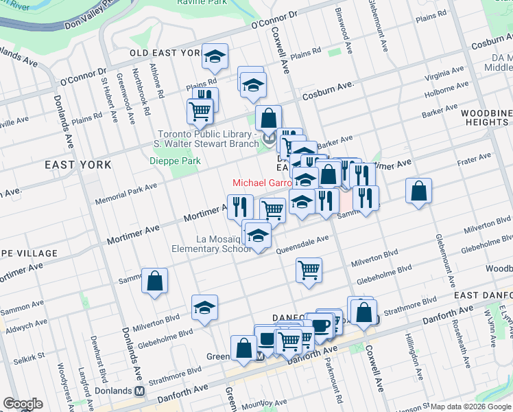map of restaurants, bars, coffee shops, grocery stores, and more near 326 Monarch Park Avenue in Toronto