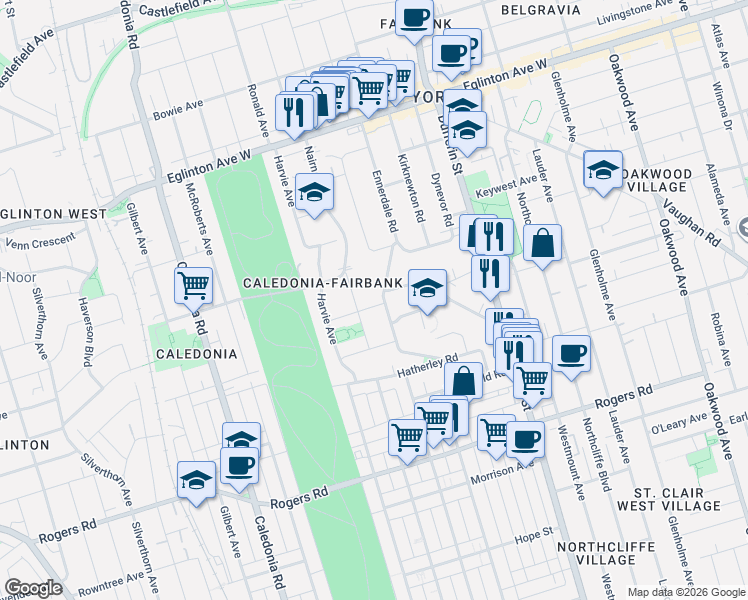 map of restaurants, bars, coffee shops, grocery stores, and more near 6 Chudleigh Road in Toronto