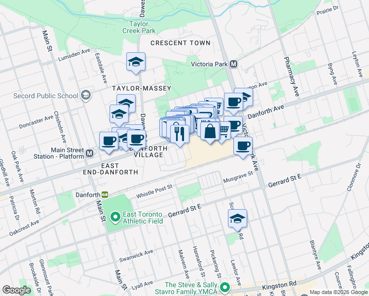 map of restaurants, bars, coffee shops, grocery stores, and more near 19 Luttrell Avenue in Toronto