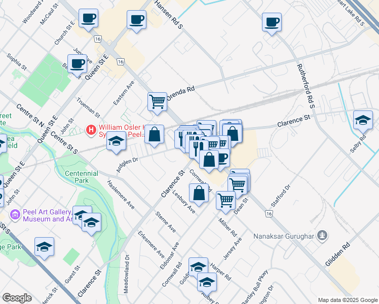 map of restaurants, bars, coffee shops, grocery stores, and more near 5 Ardglen Drive in Brampton