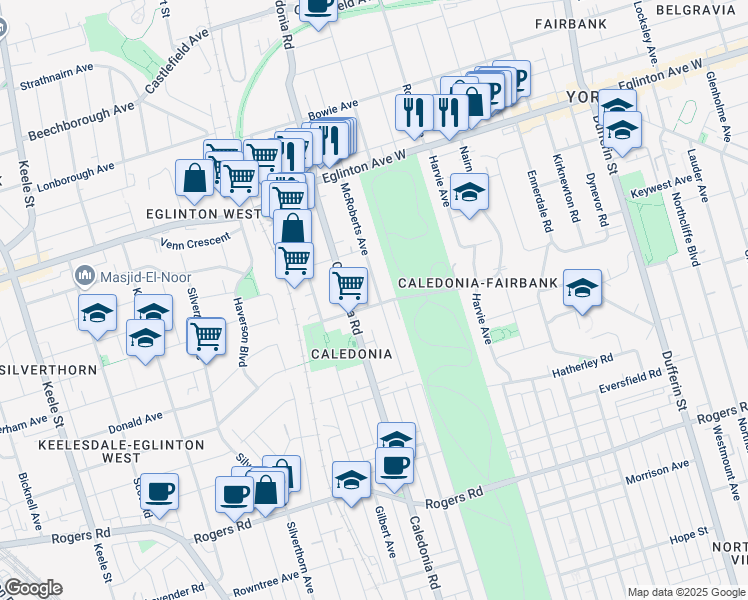 map of restaurants, bars, coffee shops, grocery stores, and more near 124 Kitchener Avenue in Toronto