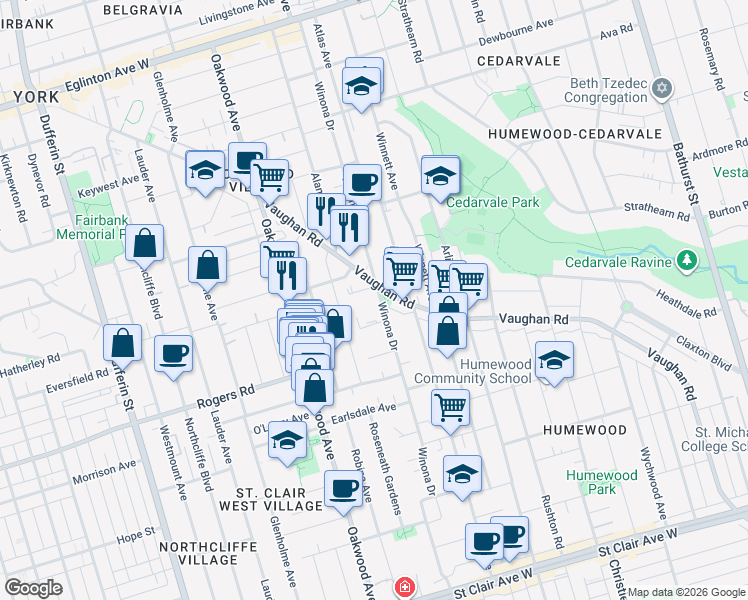 map of restaurants, bars, coffee shops, grocery stores, and more near 468 Winona Drive in Toronto
