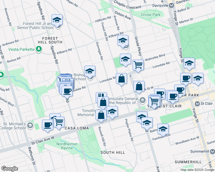 map of restaurants, bars, coffee shops, grocery stores, and more near 94 Dunvegan Road in Toronto