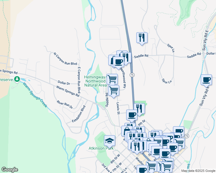 map of restaurants, bars, coffee shops, grocery stores, and more near 101 Wood River Trails in Ketchum