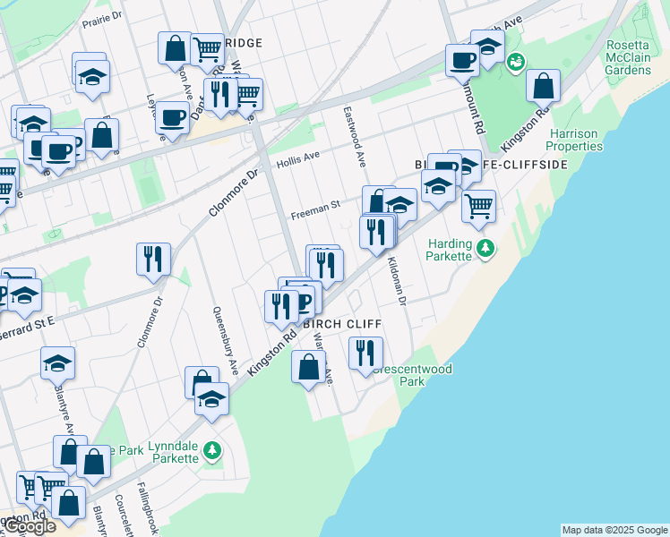 map of restaurants, bars, coffee shops, grocery stores, and more near in Toronto